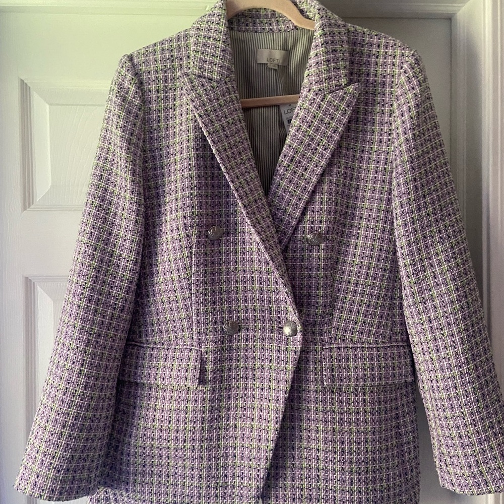 LOFT Lavender & White Tweed Double-Breasted Blazer